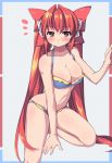  1girl bikini blush bow breasts cleavage di_gi_charat dice hair_bow hair_ornament long_hair red_eyes red_hair ribbon saiste solo swimsuit twin_tails twintails usada_hikaru 