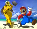  angry beach big_breasts bikini blush boots bra breasts chasing clouds female growl hammer hammer_bros. helmet huge_breasts mario mario_bros mustache nintendo overalls running sea seaside sky smile ticklishways toes video_games water 