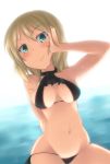  1girl arm_behind_back bare_shoulders belly bikini black_bikini blonde_hair blush breasts green_eyes hair hand_on_own_face hand_to_face head_tilt heinrike_prinzessin_zu_sayn-wittgenstein kuronyan navel smile solo strike_witches swimsuit water wet 