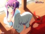  1girl blue_eyes blush breasts demon_girl down_blouse downblouse high_res highres horns kokaji_saya miko-san_to_issho! nipple_slip nipples open_clothes open_shirt purple_hair shirt solo takayaki 