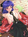 1girl :p ;p between_breasts blue_eyes blue_hair blush breasts high_res highres japanese_clothes lying on_back one_eye_closed sexually_suggestive solo tongue tongue_out wink xetton