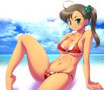  1girl arm_support asymmetrical_hair barefoot bikini blush breasts brown_hair cameltoe cleavage erect_nipples green_eyes hair large_breasts long_hair looking_at_viewer navel original shiny shiny_skin side_ponytail sitting skindentation smile solo strap_gap swimsuit tanuki_yousuke underboob 