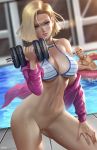 android_18 belly_button bikini_top blonde blue_eyes bottomless breasts dragon_ball_super dragon_ball_z earring female_abs krillin naked_from_the_waist_down outside pool pussy sexy_pose sweatdrop swimming_pool weightlifting