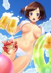 1girl alcohol assisted_exposure beer beer_mug bikini breasts brown_hair cloud crab frilled_bikini frills from_below innertube k+ navel open_mouth original purple_eyes side-tie_bikini side_ponytail sky solo swimsuit thigh_gap underboob wardrobe_malfunction