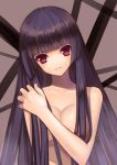 1girl bangs black_hair blunt_bangs breasts bust cleavage collarbone hand_on_own_shoulder hands head_tilt hime_cut long_hair looking_at_viewer nana_mikoto nude original parted_lips red_eyes solo topless upper_body