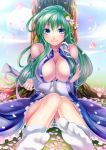 1girl bad_id bare_shoulders big_breasts blue_eyes blue_panties breasts cleavage detached_sleeves female flower frog_hair_ornament gohei green_hair hair_flower hair_ornament hair_tubes kochiya_sanae large_breasts long_hair matsurika_youko matsurikay oonusa panties petals sanae_kochiya sitting smile snake solo striped striped_panties touhou underwear