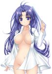  1girl antenna_hair bad_id big_breasts big_wednesday blue_eyes blue_hair blush bottomless breasts denpa_onna_to_seishun_otoko large_breasts long_hair milf naked_shirt navel no_bra no_panties open_clothes ribucci shirt simple_background solo touwa_meme white_background 