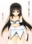  1girl akemi_homura bare_shoulders black_eyes black_hair blush bra hairband homura_akemi lingerie long_hair mahou_shoujo_madoka_magica namonashi no_pants off_shoulder open_clothes open_shirt panties pink_background shirt simple_background solo translated underwear white_bra white_panties white_shirt 