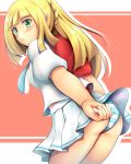 1_girl 1girl adjusting_panties ass blonde blonde_hair blush clothed female female_human female_only green_eyes horizontal-striped_panties horizontal_stripes human lillie lillie_(pokemon) long_blonde_hair long_hair looking_at_viewer panties pokemon skirt solo standing striped_panties upskirt