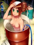 3_girls 3girls barrel bath bathing blush breasts camping chihaya_kisaragi drum_(container) ganaha_hibiki hibiki_ganaha hose idolmaster idolmaster_2 in_container kisaragi_chihaya long_hair multiple_girls nipples nude open_mouth outdoors pettan_p short_hair smile takatsuki_yayoi tent towel water wet yayoi_takatsuki