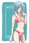  1girl blue_eyes blue_hair blush bow bow_panties bra kana-ak lingerie mahou_shoujo_madoka_magica miki_sayaka mouth_hold navel panties pink_bra pink_panties red_bra red_panties sayaka_miki short_hair sketch solo tupet underwear underwear_only 