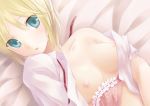  1girl :o bad_id blonde_hair blush bra breasts green_eyes lingerie lying nipples no_bra off_shoulder ohirune on_back open_clothes open_mouth open_shirt original shirt short_hair solo underwear 