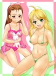  2girls ahoge bikini bikini_top blonde_hair blush bow brown_eyes brown_hair erect_nipples forehead hairband hoshii_miki idolmaster iori_minase kneel kneeling lingerie long_hair looking_at_viewer micro_bikini miki_hoshii minase_iori multiple_girls navel negligee open_mouth panties see-through seiza shiny shiny_skin sitting smile stuffed_animal stuffed_bunny stuffed_toy swimsuit thong tsuwabuki-san underwear 