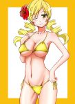 1girl bikini blonde_hair drill_hair flower groin hand_on_hip hibiscus k2 long_hair mahou_shoujo_madoka_magica mami_tomoe mound_of_venus one_eye_closed side-tie_bikini solo swimsuit tomoe_mami twin_drills twintails wink yellow_bikini yellow_eyes