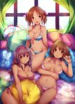  3_girls 3girls bandeau bare_shoulders bikini bow breast_rest breasts brown_hair cleavage frilled_bikini frills front-tie_top groin hair_bow hair_ornament idolmaster idolmaster_cinderella_girls kara_(color) kneel kneeling long_hair looking_at_viewer mimura_kanako mound_of_venus multiple_girls navel o-ring_top open_mouth pillow sakakibara_satomi shiny shiny_skin side-tie_bikini smile strap_gap striped striped_bikini striped_swimsuit swimsuit thigh_gap totoki_airi twin_tails twintails window 