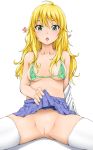 1girl bikini bikini_top blonde_hair blush breasts green_bikini green_eyes heart high_res highres hoshii_miki idolmaster idolmaster_2 kusowarota long_hair miki_hoshii nipples no_panties open_mouth pussy skirt skirt_lift solo stockings swimsuit thighhighs uncensored white_legwear