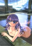  1girl absurdres arm_under_breasts artist_name bangs barefoot bathing blue_eyes breasts cleavage completely_nude expressionless highres ino_(magloid) long_hair looking_at_viewer medium_breasts nude onsen original partially_submerged purple_hair scan snow solo water 