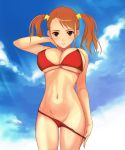  1girl anjou_naruko ano_hi_mita_hana_no_namae_wo_bokutachi_wa_mada_shiranai. beach bikini blush breasts brown_eyes brown_hair cleavage female female_only high_res highres huge_breasts kamimiya long_hair naruko_anjou slender solo_female swimsuit swimsuit_pull twin_tails 