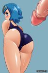  1_boy 1_girl 1boy 1girl ass blue_eyes blue_hair blush enessef erection female female_human human lana lana_(pokemon) looking_back male male_human mostly_nude navy_blue_swimsuit one-piece_swimsuit penis pokemon short_hair standing suiren_(pokemon) swimsuit 