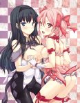  2girls akemi_homura argyle argyle_legwear ass bad_id bare_shoulders black_hair black_legwear blush bottomless breastless_clothes breastless_clothing breasts cameltoe checkered checkered_background erect_sawaru gloves hairband hand_holding holding_hands homura_akemi kaname_madoka long_hair madoka_kaname mahou_shoujo_madoka_magica multiple_girls navel nipples open_clothes open_mouth panties panties_under_pantyhose pantyhose pink_eyes pink_hair purple_eyes ribbon short_hair short_twintails thighband_pantyhose twintails underwear yuri 