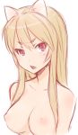  1girl animal_ears blonde_hair blush breasts bust cat_ears ha-ru long_hair looking_at_viewer nipples nude original red_eyes short_eyebrows solo upper_body 