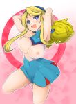  1girl bad_id big_breasts blonde_hair blue_eyes bouncing_breasts breasts cheerleader heroman high_res highres impossible_clothes impossible_clothing impossible_shirt large_breasts lina_davis nipples pom_poms see-through shachi_kamaboko shirt solo 