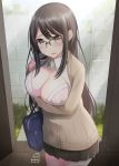 1girl 2018 arm_under_breasts bag bangs blush bra breast_hold breasts brown_eyes brown_hair cardigan cleavage collared_shirt doorway female female_only glasses hair_between_eyes hand_up head_tilt large_breasts long_hair megane nekobaka open_clothes open_shirt original outside parted_lips pink_bra pleated_skirt school_bag school_uniform semi-rimless_glasses shirt signature skirt sleeves_past_wrists twin_tails underwear very_long_hair white_shirt