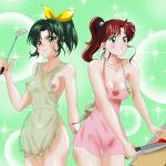  2girls bishoujo_senshi_sailor_moon blush breasts brown_hair circus-maruze-ni46 crossover green_eyes green_hair hair hair_bobbles hair_ornament long_hair makoto_kino multiple_girls naked_apron nao_midorikawa navel nipples ponytail precure pretty_cure pussy sailor_moon see-through smile smile_precure smile_precure! 