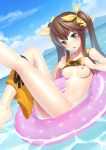 1girl bikini_lift blush breasts brown_hair cloud green_eyes highres huang_lingyin infinite_stratos innertube katamichi_kippuru knees leg_lift leg_up legs long_hair long_legs mikage_sekizai nipples partially_submerged puffy_nipples pussy shorts shorts_around_one_leg sky solo sweat thighs twin_tails twintails uncensored water wet