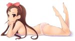  1girl bad_id barefoot bow brown_eyes brown_hair eating error feet hairband idolmaster iori_minase long_hair lying minase_iori nipples on_stomach panties panties_only pocky shachi_kamaboko simple_background solo striped striped_panties topless underwear underwear_only white_background 