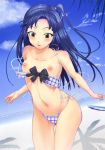 1girl alternate_hairstyle bare_shoulders beach bikini blue_hair blush body_blush breasts brown_eyes chihaya_kisaragi cloud collarbone female fingernails flat_chest front-tie_top hands hissatsukun idolmaster kisaragi_chihaya long_hair looking_down navel nipples ocean open_mouth outdoors plaid plaid_bikini ribbon sand shadow side-tie_bikini side_ponytail sky small_breasts solo standing surprised swimsuit swimsuits thigh_gap thighs tree wardrobe_malfunction water wet