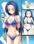 1girl azusa_miura between_breasts big_breasts bikini blue_bikini blue_hair blush breasts cleavage curvy food hairy_legs high_res highres ice_cream idolmaster large_breasts long_hair miura_azusa navel o-ring_bottom o-ring_top p-head_producer producer_(idolmaster) red_eyes squiggle swimsuit takayaki thigh_gap tongue underboob very_long_hair wide_hips