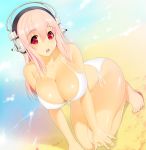 1girl bare_shoulders barefoot bikini breasts cleavage front-tie_top headphones huge_breasts kneel kneeling kyoku_tou long_hair nitroplus pink_hair red_eyes shiny shiny_skin side-tie_bikini sitting solo sonico strap_gap super_sonico swimsuit