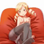  1girl ajishio blonde_hair blush breasts drill_hair kirishima_naruse long_hair mahou_shoujo_madoka_magica mami_tomoe nipples open_mouth panties pantyhose sitting solo tomoe_mami topless twin_drills yellow_eyes 