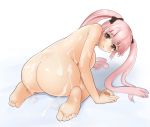 1girl ass barefoot brown_eyes bukkake copyright_request cum feet high_res highres kneeling long_hair nude pink_hair soles solo toes twin_tails twintails zi-shot