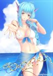 1girl bare_shoulders bikini black_eyes blue_hair blush braid breasts cleavage cloud contrapposto emil_chronicle_online foreshortening front-tie_top halterneck head_fins high_res highres lintanghaseo long_hair looking_at_viewer nail_polish navel ocean outstretched_hand parted_lips ribbon sarong shiny shiny_skin single_braid skindentation sky solo sparkle strap_gap swimsuit thigh_ribbon underboob white_bikini white_swimsuit