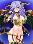  1girl banpresto blue_eyes blue_hair breasts dimensional_armed_monster dimensional_armed_monster_(cosplay) fingerless_gloves gloves groin highres horns mameshiba mound_of_venus navel no_panties shiony_regis solo stockings super_robot_wars super_robot_wars_z2 thighhighs wings 