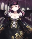 1girl big_breasts breasts cleavage copyright_notice copyright_request demon_girl demon_wings horns large_breasts lena_(zoal) long_hair md5_mismatch nightmare_(shingeki_no_bahamut) official_art pink_eyes pointy_ears purple_hair shingeki_no_bahamut smile solo watermark wings