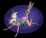  ass blonde_hair blue_eyes disney embarrassing funny lipstick looking_back panties panties_pull peter_pan ponytail sad skirt_lift sodano_(artist) solo surprise tinker_bell white_panties wings 