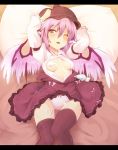  1girl animal_ears ayagi_daifuku blush bow bow_panties breasts cream fang female hat heart mystia_lorelei one_eye_closed panties pantyshot petite pink_eyes pink_hair pink_panties skirt solo stockings tears thighhighs touhou underwear upskirt wings wink 