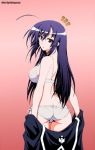 big_breasts breasts hair kurokami_medaka looking_at_viewer medaka_box purple_hair sexy_body undressing white_bra white_panties