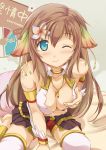  1girl animal_ears bare_shoulders big_breasts blue_eyes blush breasts brown_hair ciel_nosurge cleavage gust ionasal_kkll_preciel ionasol kotobamaru large_breasts long_hair looking_at_viewer neck_tie necktie one_eye_closed self_fondle smile solo stockings surge_concerto thighhighs white_legwear wink 