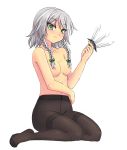  1girl black_legwear black_pantyhose blush braid breasts enoko_(zqfebi) feet female ga_no_kitsune green_eyes izayoi_sakuya kneel kneeling knife nipples no_panties nude pantyhose sakuya_izayoi short_hair silver_hair simple_background smile solo thighband_pantyhose throwing_knife topless touhou twin_braids underwear underwear_only weapon white_background 