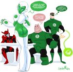 alien ass aya_(green_lantern) blue_eyes blush boots bottomless bubble_butt dc_comics embarrassing erection funny gloves green_lantern green_lantern_animated_series green_skin grey_skin hal_jordan kilowog looking_back looking_down razer red_eyes ring robot shiny shiny_skin smile stickymon surprise