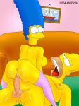  blue_hair cosmic cosmic_(artist) cowgirl_position homer_simpson marge_simpson pearls the_simpsons yellow_skin 