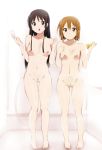 2girls :o akiyama_mio alternate_hairstyle barefoot black_eyes black_hair breasts brown_eyes brown_hair censored feet hair_down high_res highres hime_cut k-on! kaiga long_hair multiple_girls navel nipples nude pubic_hair pussy short_hair shower shower_head sponge tainaka_ritsu toes