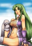  1girl areolae big_breasts bottomless breasts cholesenel cleavage fishnet_top fishnets ganbare_goemon green_eyes green_hair huge_breasts kunoichi long_hair midriff navel ninja open_clothes sitting solo yae 