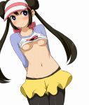 1girl blue_eyes blush breasts brown_hair cleavage double_buns female_protagonist_(pokemon_bw2) long_hair mei_(pokemon) midriff navel negetsu pantyhose pokemon pokemon_(game) pokemon_bw2 shirt_lift solo twin_tails twintails underboob visor