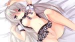  1girl ahoge anus bed breasts breasts_outside censored checkered checkered_skirt green_eyes grey_hair haiyore!_nyaruko-san icywood long_hair lying navel nipples no_panties nyarlathotep_(nyaruko-san) on_back pussy shirt_lift shirt_up skirt solo spread_legs 