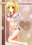  1girl alice_margatroid bad_id barefoot blonde_hair blush breasts female green_eyes hairband heart nikoo panties snowflakes solo touhou underwear 